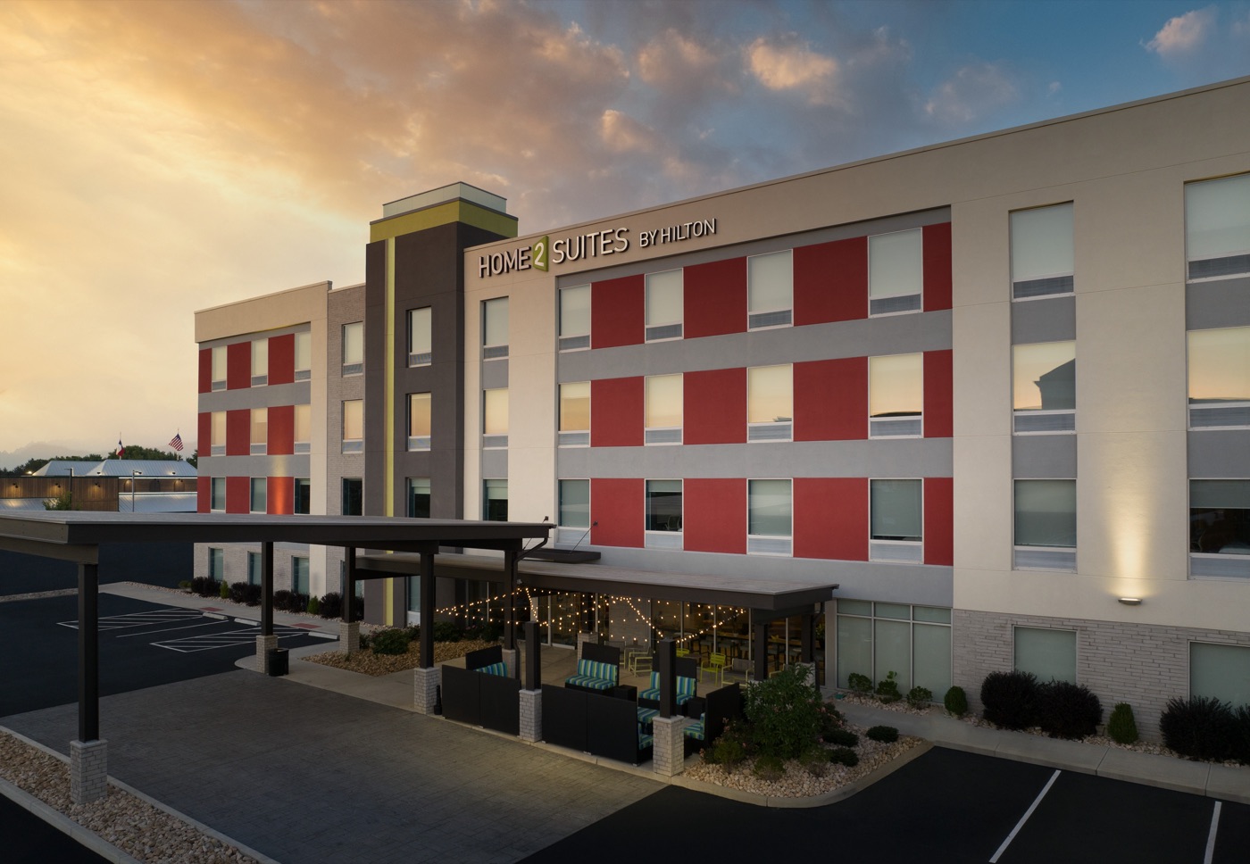 Hotel exterior at dusk